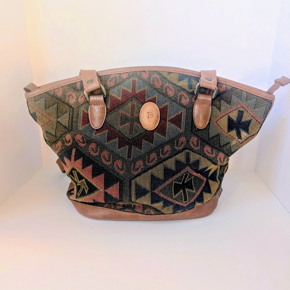 Vintage Tote Bag Southwestern Tapestry Leather Trim Aztec Pattern Boho Style